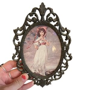 Vintage Italy Brass Pink Picture Framed Cameo Lady Victorian Goddess Decor 5x7